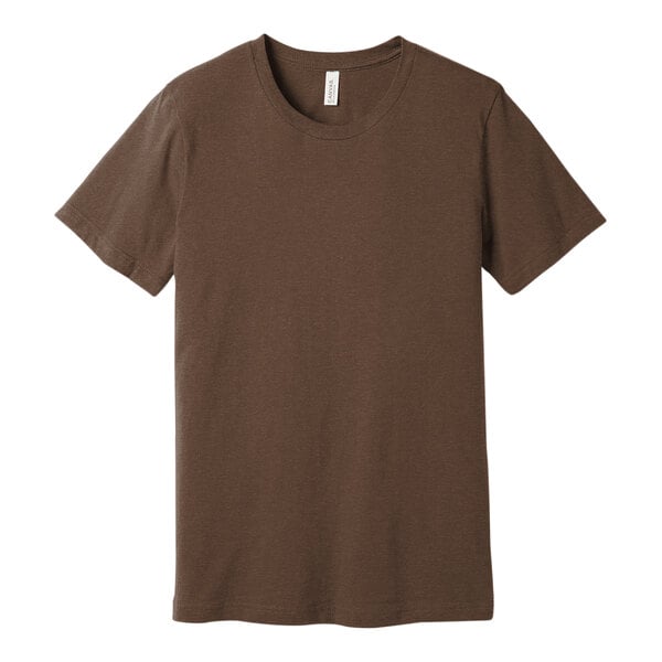 A brown Bella + Canvas customizable t-shirt on a white background.