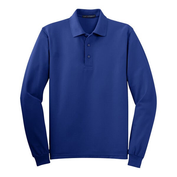A white background with a medium royal blue Port Authority® long sleeve polo shirt.