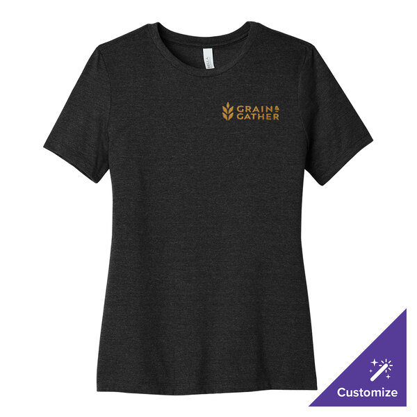 A black Bella + Canvas women's short sleeve t-shirt with a gold logo.
