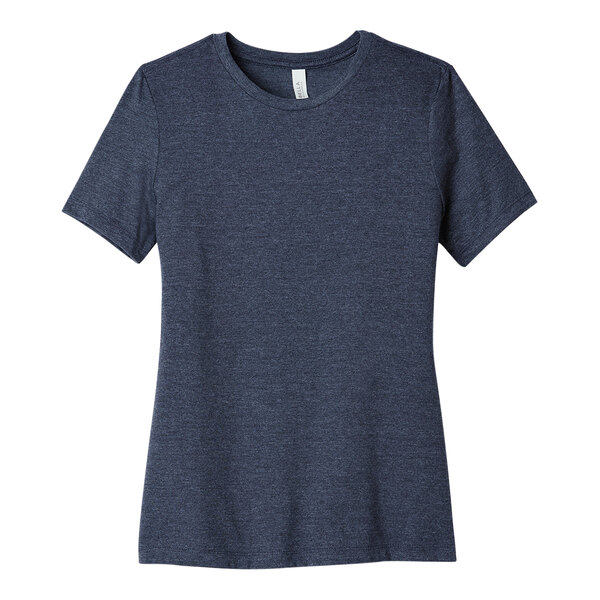 A Bella + Canvas women's heather navy customizable short sleeve t-shirt.