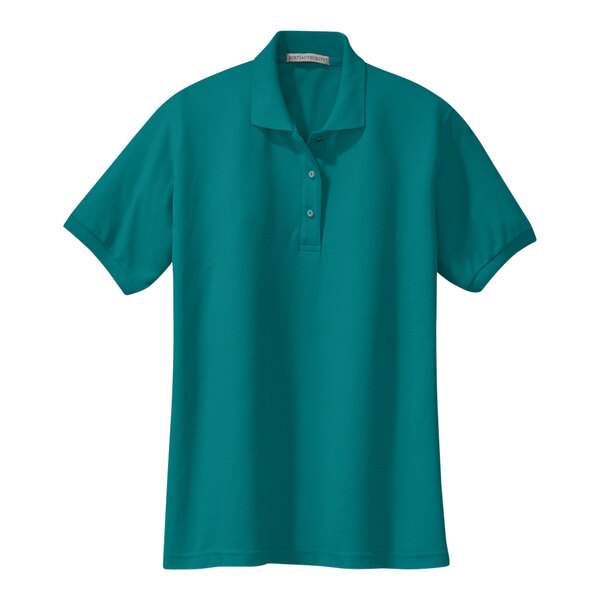 A close-up of a Port Authority teal green short sleeve polo shirt.