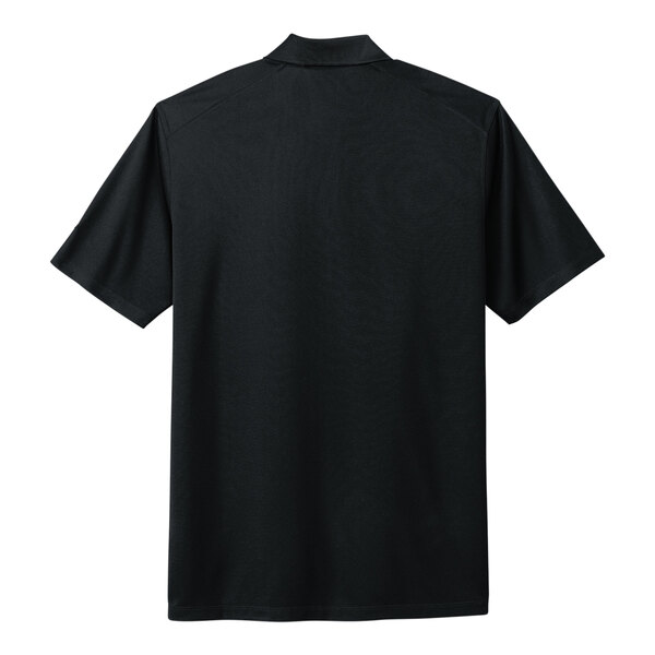 A back view of a black Nike polo shirt with short sleeves.