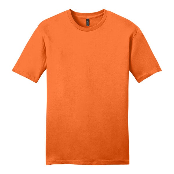 An orange District T-shirt with a black collar.