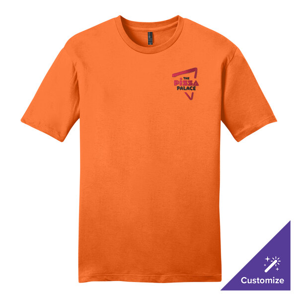 An orange District short sleeve t-shirt with a logo on it.