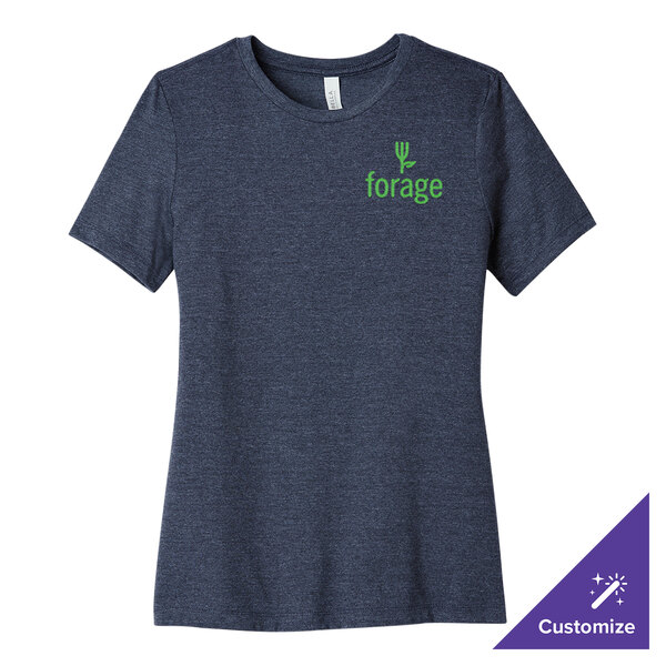 A heather navy Bella + Canvas women's t-shirt with a green logo that says "Forge"