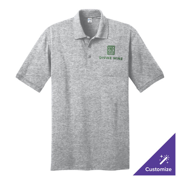A grey Port & Company polo shirt with a logo on it.