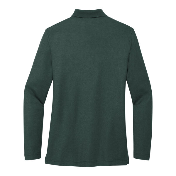 A back view of a dark green Port Authority long sleeve polo shirt.