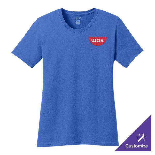 A Port & Company women's royal blue cotton t-shirt with the word "now" on it.
