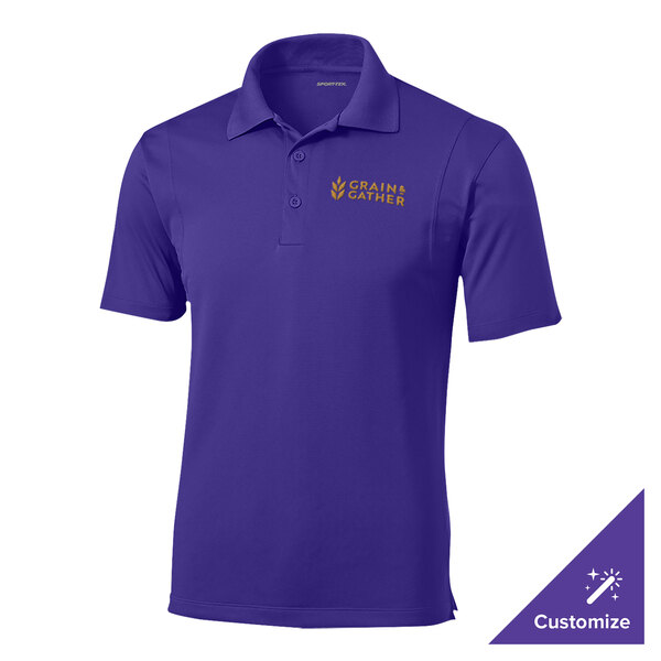 A purple Sport-Tek polo shirt with a logo on it.