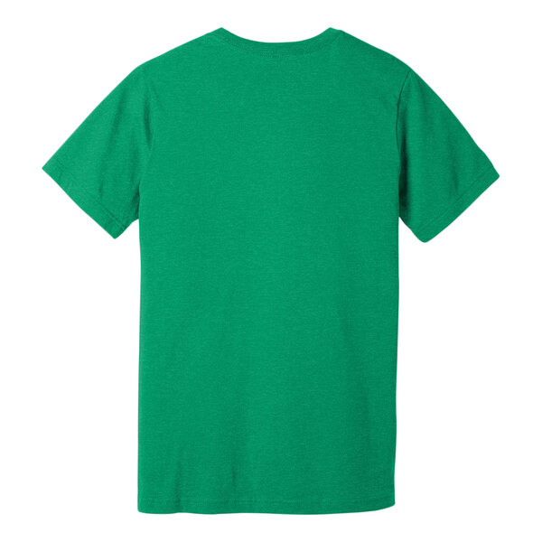 An extra small heather green Bella + Canvas t-shirt with a white logo on the back.