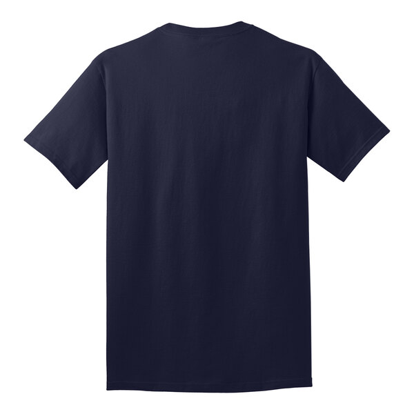 A back view of a Port & Company True Navy short sleeve t-shirt with the word 'the' on it.