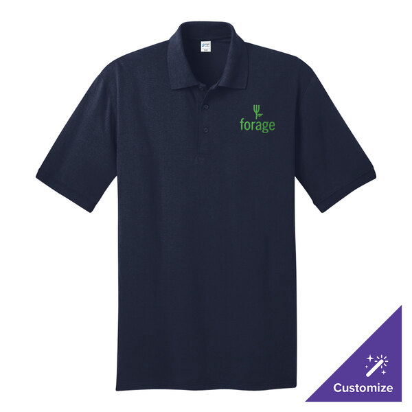 A dark blue Port & Company polo shirt with a logo on it.