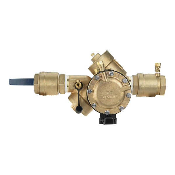 A brass Watts Reduced Pressure Zone Assembly valve with a blue handle.