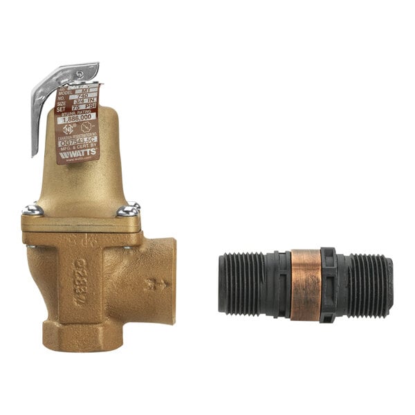 A close-up of a Watts brass water pressure relief valve.