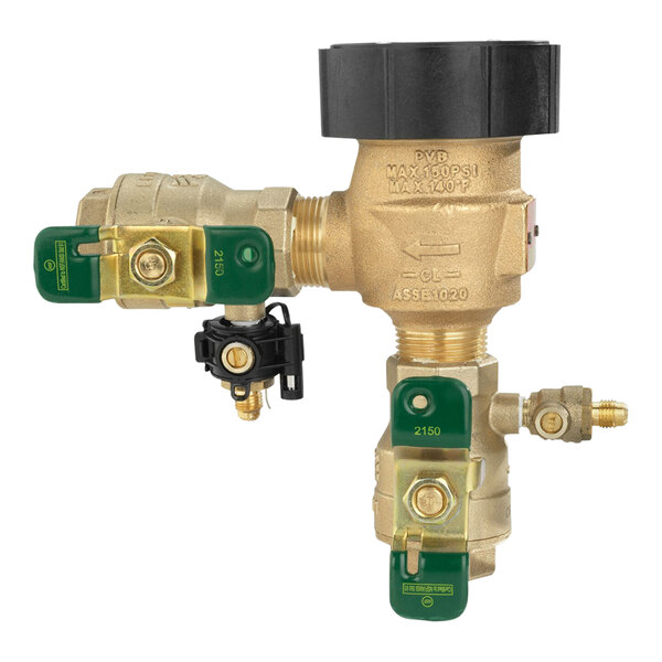 A close-up of a brass and black Watts Freeze-Resistant Pressure Vacuum Breaker.