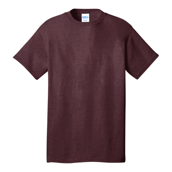 A Port & Company maroon short sleeve t-shirt on a white background.