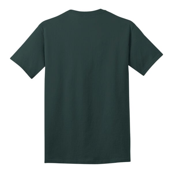 The back of a dark green Port & Company short sleeve t-shirt.