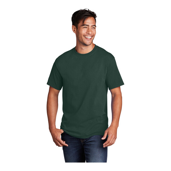 A man wearing a dark green Port & Company short sleeve t-shirt.