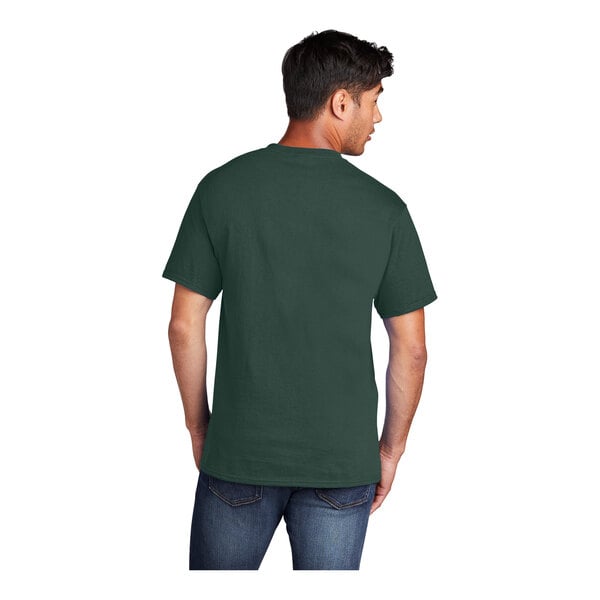A man wearing a dark green Port & Company short sleeve T-shirt.