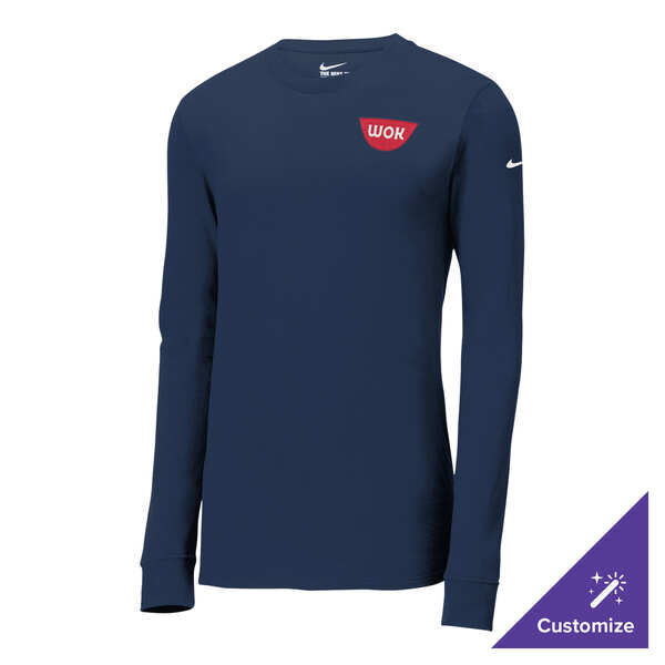 A Nike College Navy long sleeve Dri-FIT shirt with a red logo.