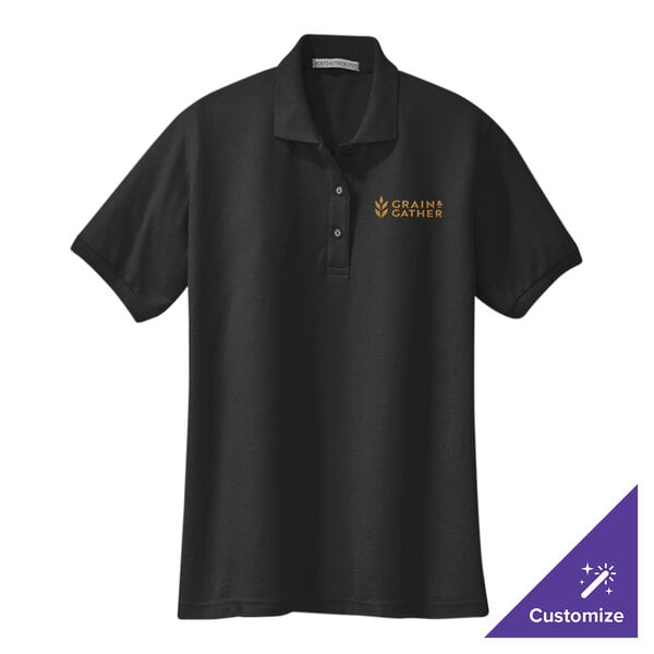 A black Port Authority silk touch polo shirt with gold embroidery on the front.