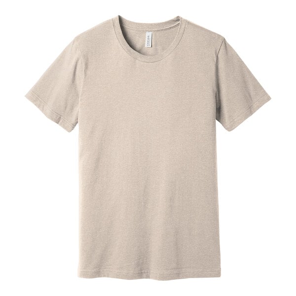A Bella + Canvas unisex customizable heather dust t-shirt.