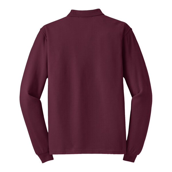 A back view of a long sleeved maroon Port Authority polo shirt.