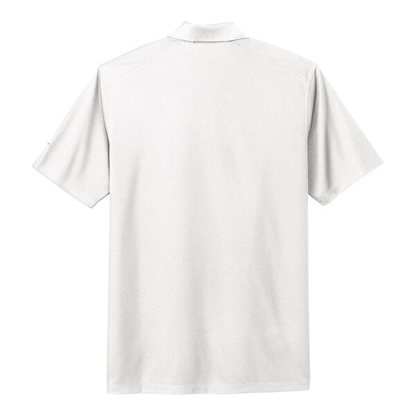 A back view of a white Nike polo shirt with a collar.