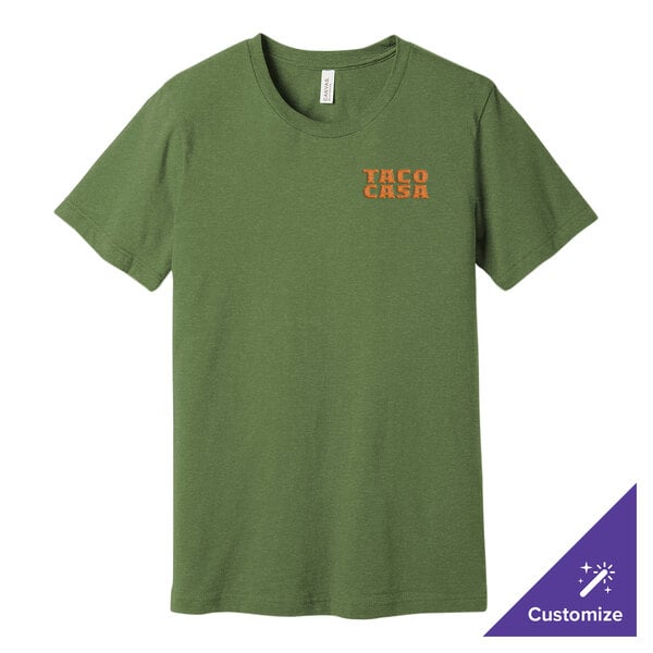 A heather green Bella + Canvas customizable t-shirt with orange and white text that says "t-shirt"