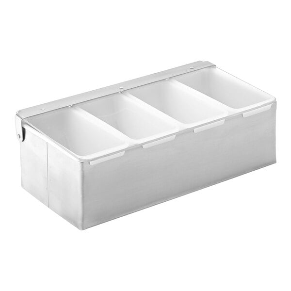 A white metal tray with four compartments.