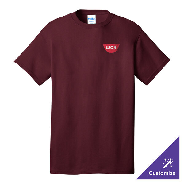 A maroon Port & Company T-shirt with a logo on it.