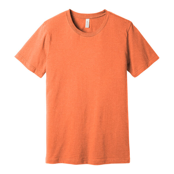 A Bella + Canvas heather orange t-shirt with a white collar.