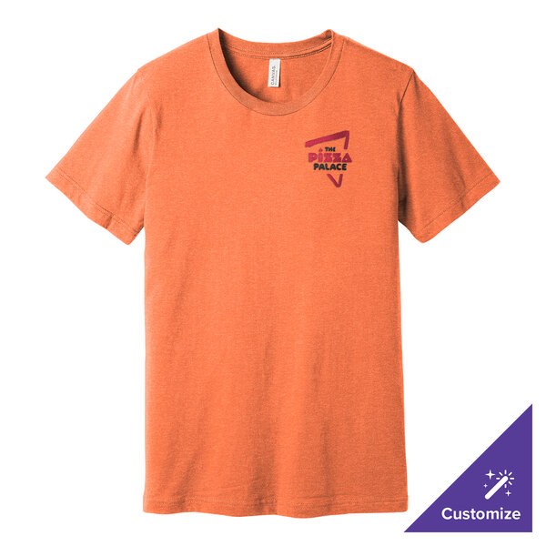 A heather orange Bella + Canvas customizable short sleeve t-shirt with a logo on it.