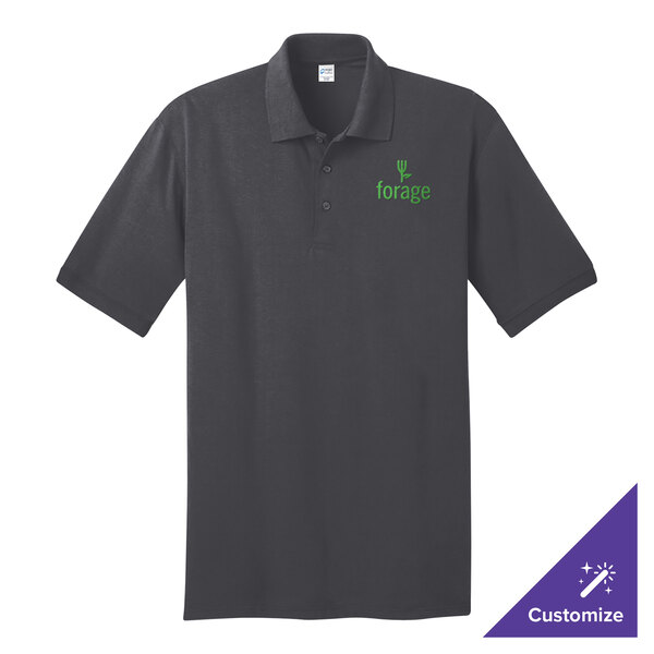 A small charcoal Port & Company polo shirt with a green logo.