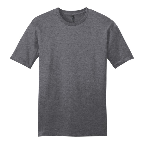 A District unisex heathered charcoal t-shirt with a black collar.