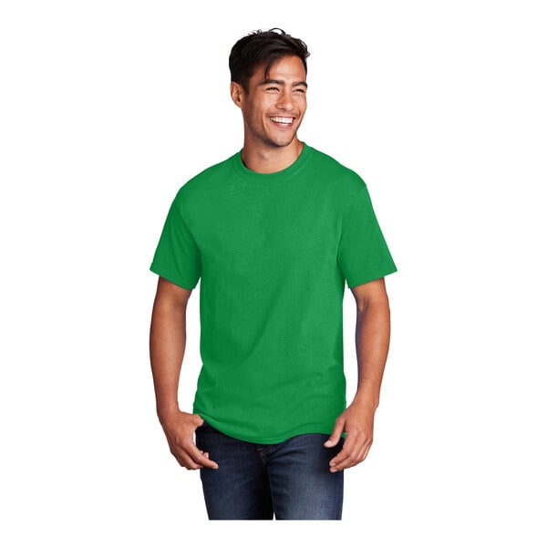 A man wearing a Port & Company clover green T-shirt smiling.