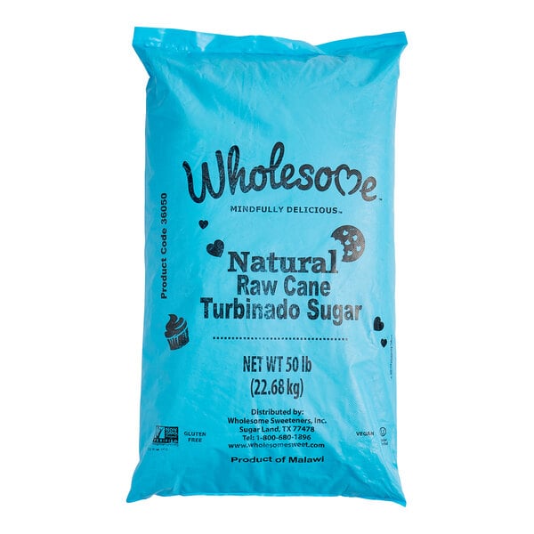 A blue bag of Wholesome Sweeteners Natural Turbinado Sugar, a raw cane sugar.