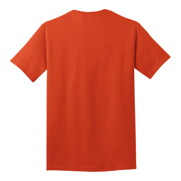 The back of an orange Port & Company T-shirt.