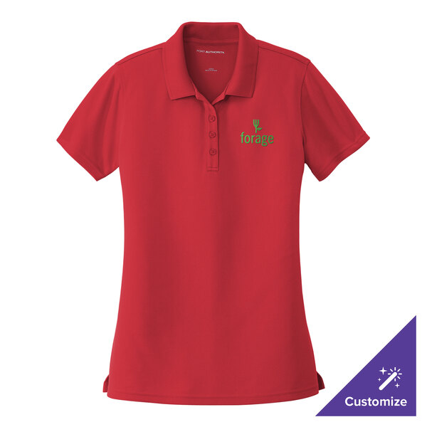 A small rich red Port Authority women's polo shirt with a green logo.