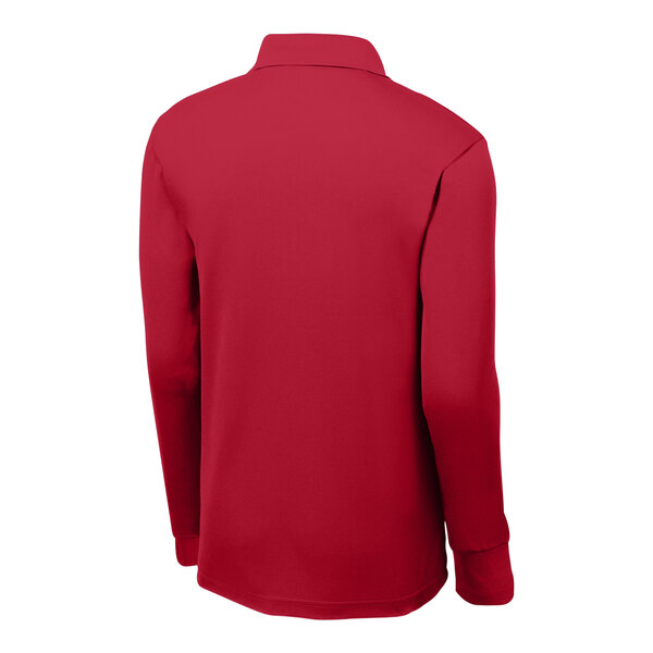 A red Sport-Tek long sleeve polo shirt.