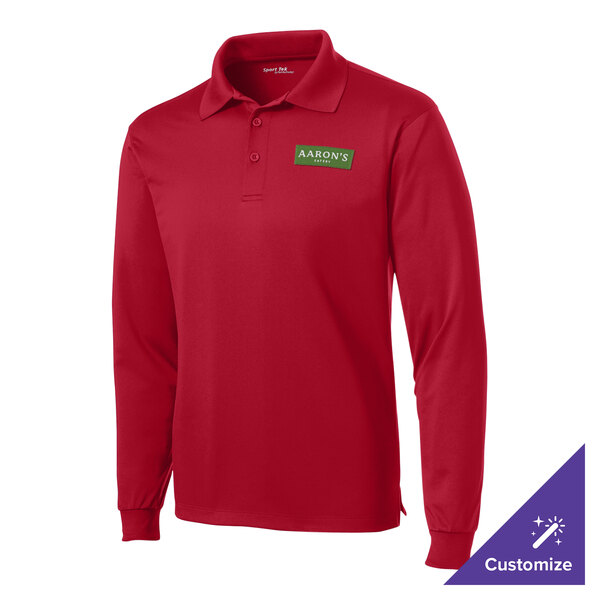 A deep red Sport-Tek long sleeve polo shirt with a green logo.