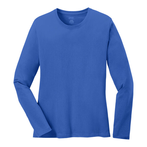 A Port & Company royal blue long sleeve t-shirt for women.