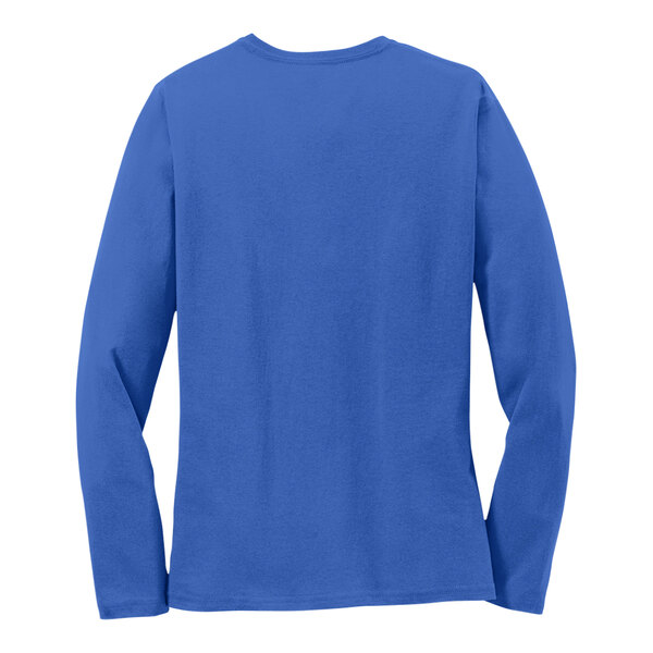 A back view of a Port & Company women's royal blue long sleeve shirt.