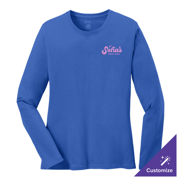 A Port & Company women's long sleeve royal blue cotton t-shirt with the word "Stix" on it.