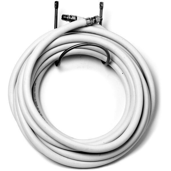 A coiled white T&amp;S hose assembly with two connectors and a metal hook.