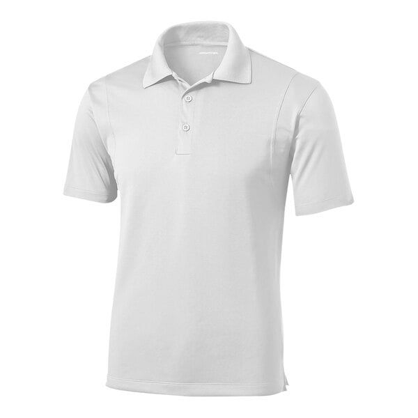 A Sport-Tek white polo shirt with a collar.