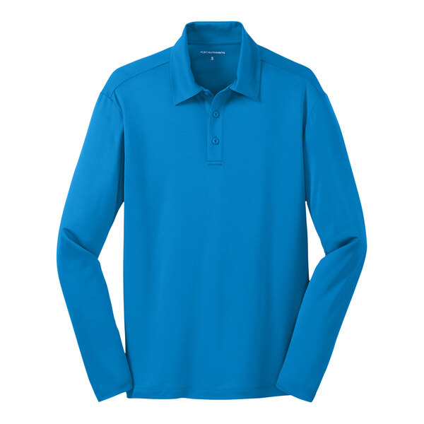 A Port Authority unisex blue long sleeve polo shirt.