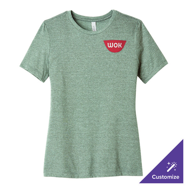 A heather prism dusty blue Bella + Canvas women's short sleeve t-shirt with a logo on it.