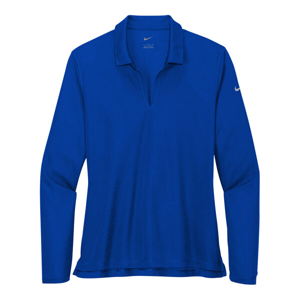 A white Nike Dri-Fit long sleeve polo in blue with a Nike swoosh on the chest.