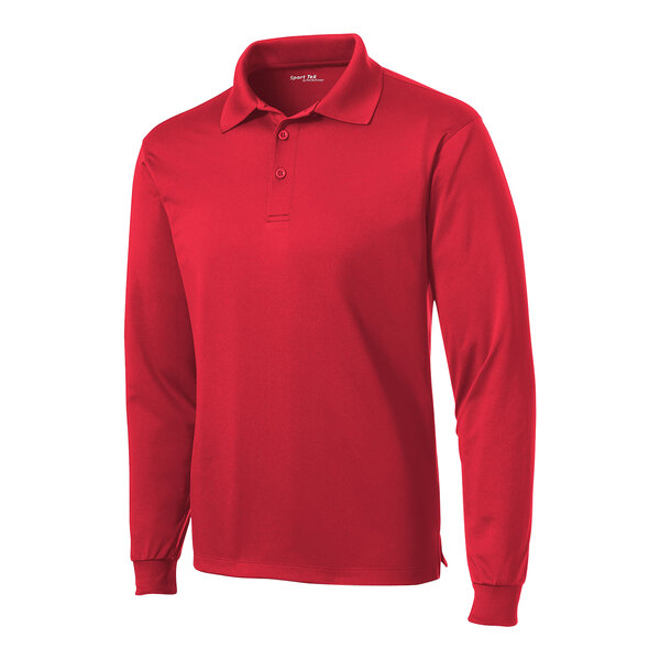 A red polyester long sleeve polo shirt.